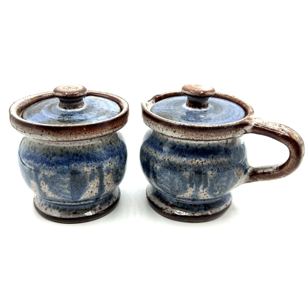 Artisan Stoneware Cream & Sugar Containers Glazed Blue and Brown Speckled w/Lids